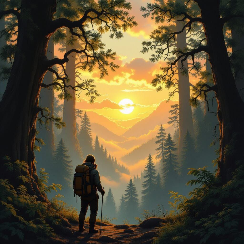 Lone Hiker in Ancient Forest at Sunset, Realistic Digital Pa...
