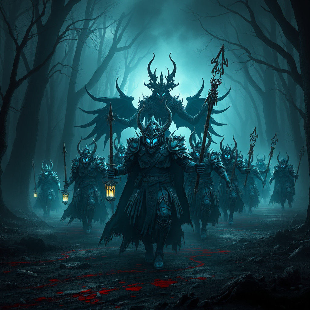 Ethereal Queen Leads Spectral Warriors Through Shadowed Fore...