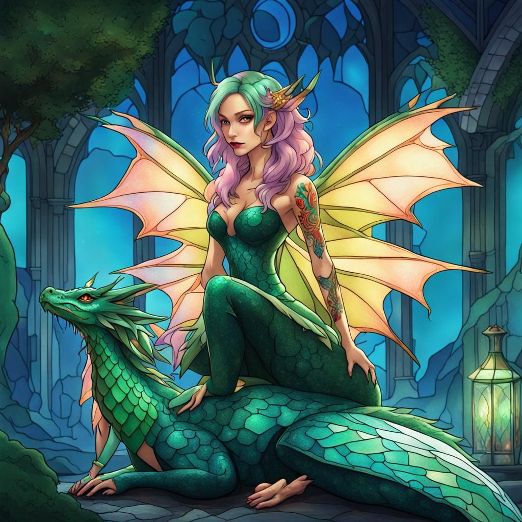 Green Dragon and Fairy with Stained Glass Wings