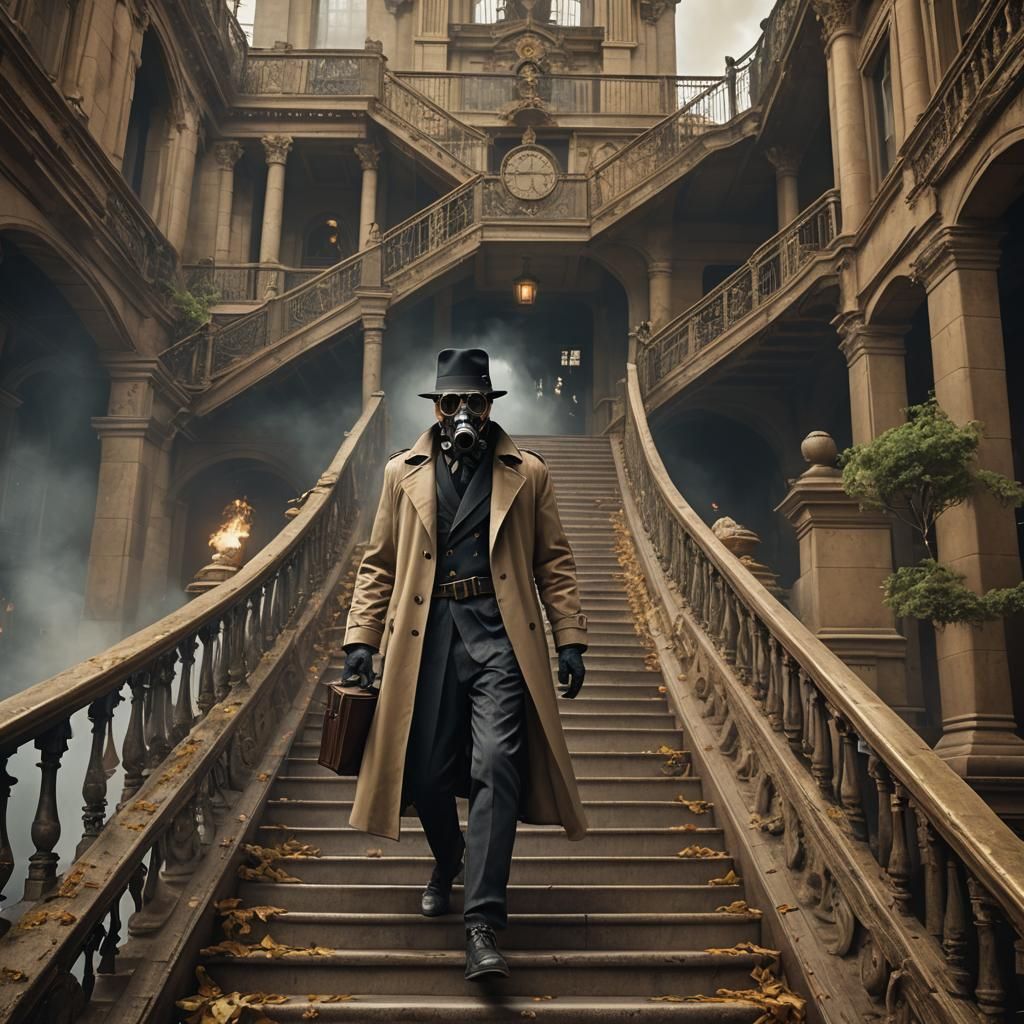 Golden Age Sandman Descends a Grand Staircase