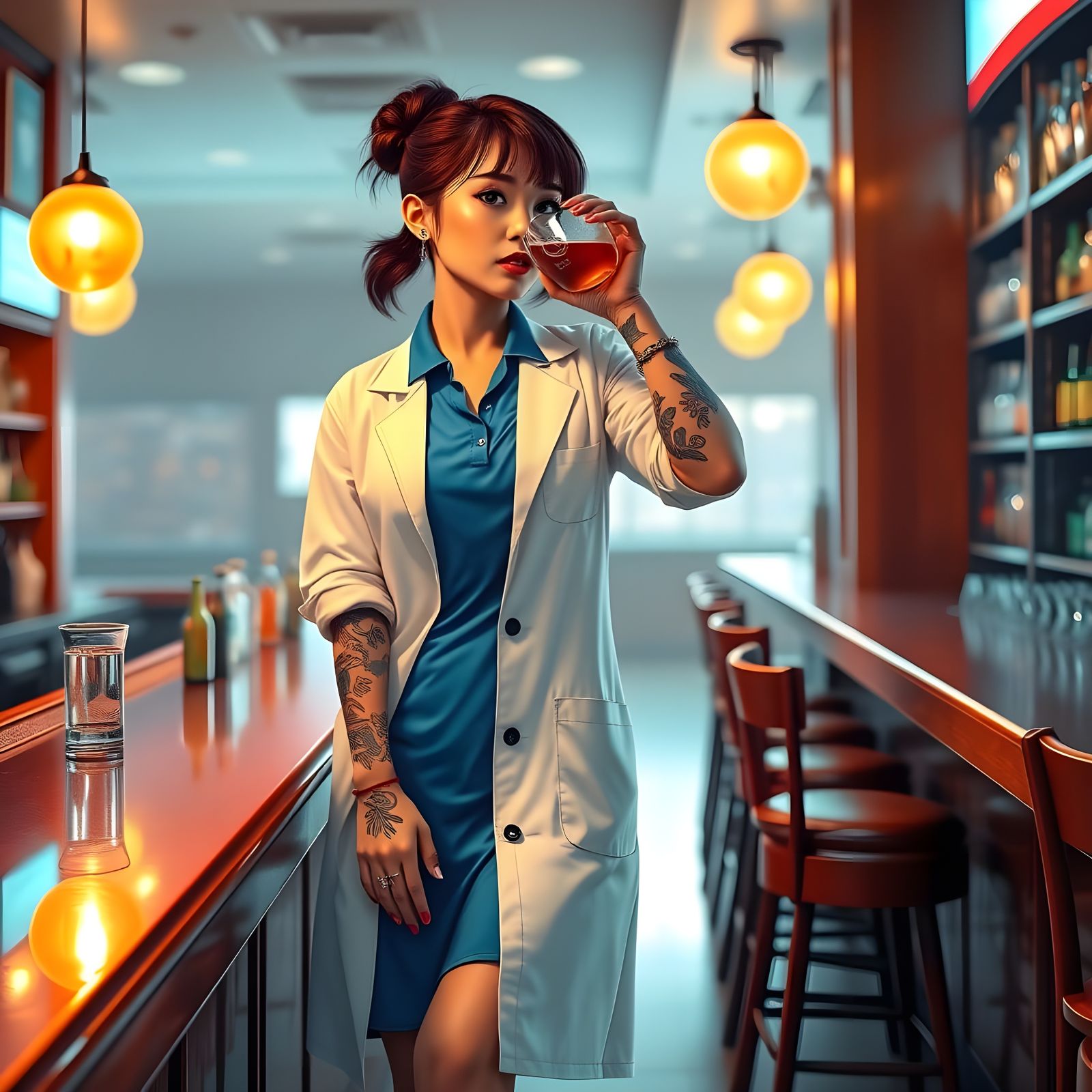 Tattooed Dentist Drinks at Bar in Cyber Fairycore Style