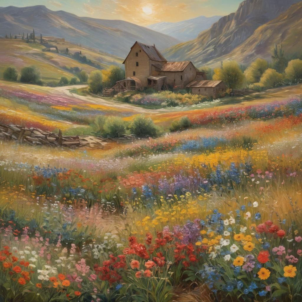 Mountain Flower Field with Mill in Impressionist Style