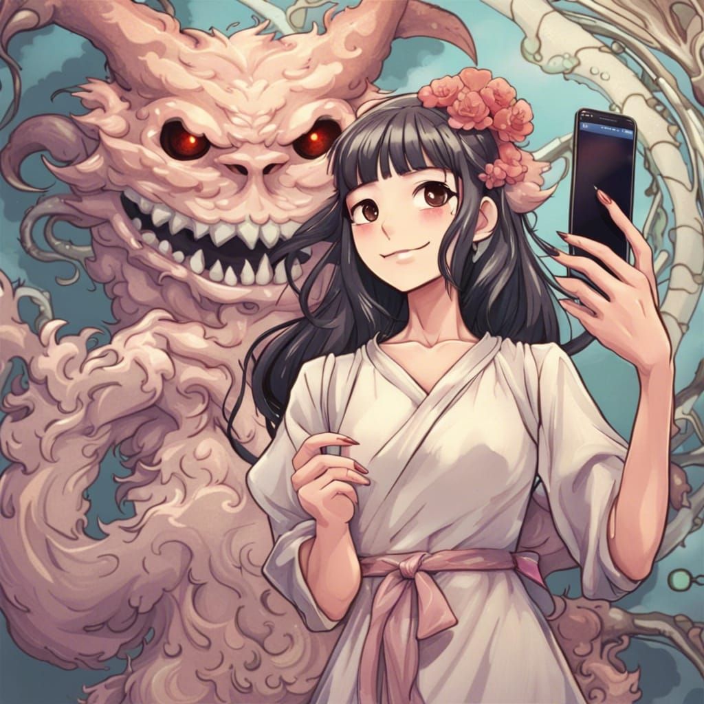 Selfie with a Nurikabe in Art Nouveau Style