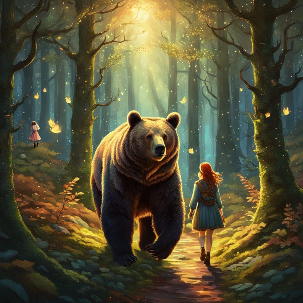 Bear and Girl Wander Through Forest in Fantasy Art