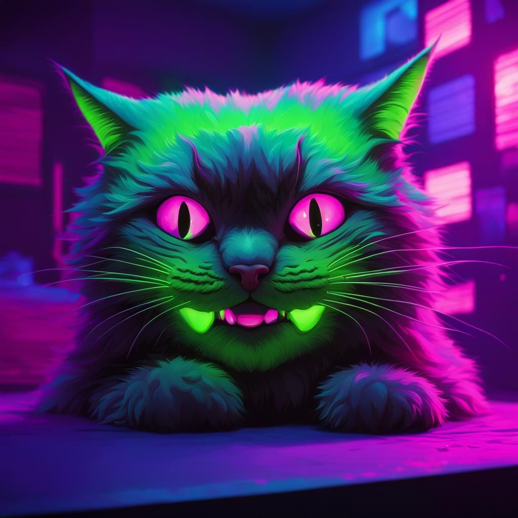 Unsettling Cat with Creepy Smile in Glitchcore Horror