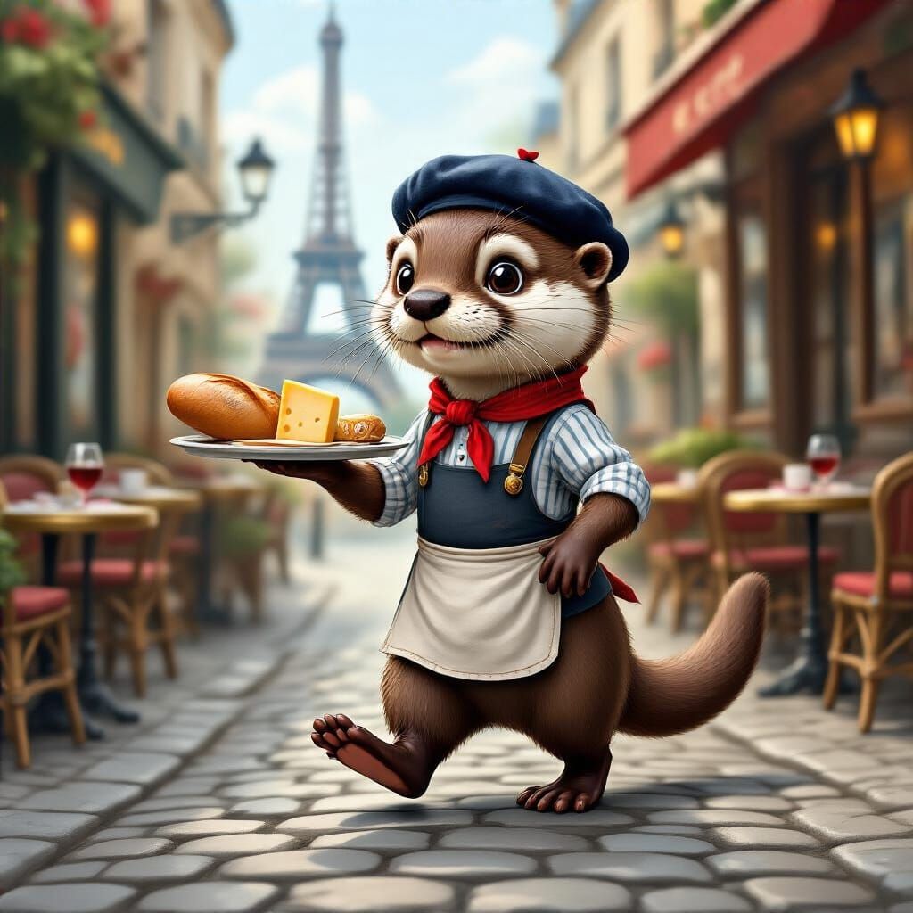 Cartoon Otter as French Waiter in Paris Cafe