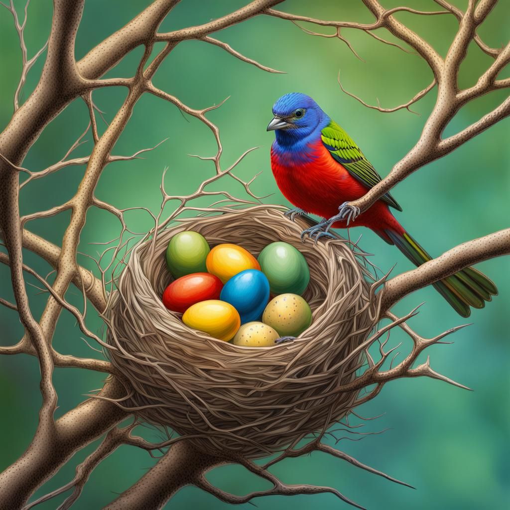 Painted Bunting Nest with Eggs: Hyperrealistic Splash Art