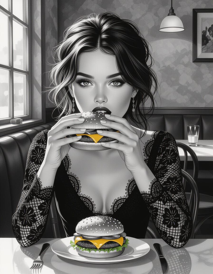 Monochrome Portrait: Woman, Burger, Chess in Garden