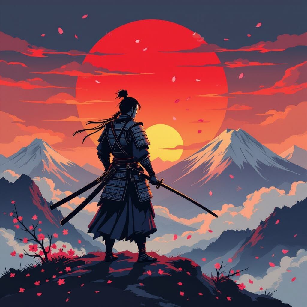 Samurai Warrior at Sunset in Ukiyo-e Style