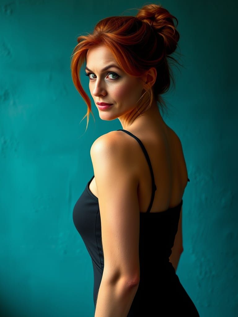 Sultry Mature Woman in Teal Hued Ambiance