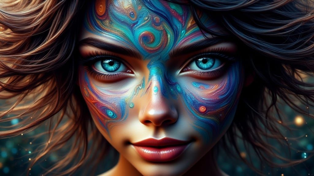 Woman's Face of Swirling Rainbow Opal in Hyperrealistic Styl...