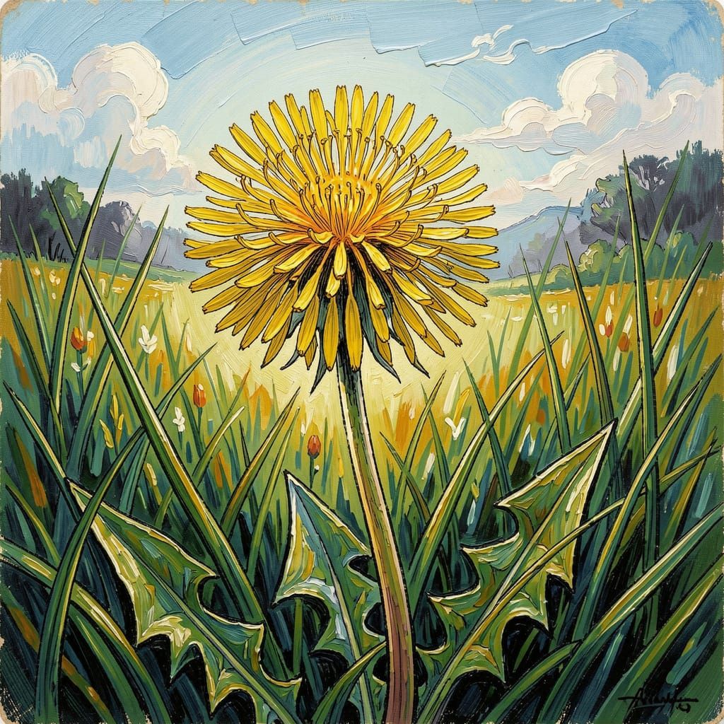 Dandelion Blowing in Breeze, Ink Art and Impasto Style