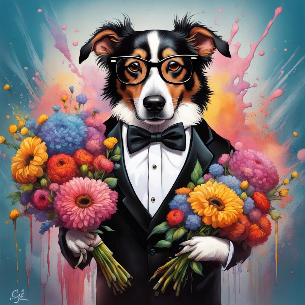 Dog in Tuxedo with Flowers in Graffiti Art Style