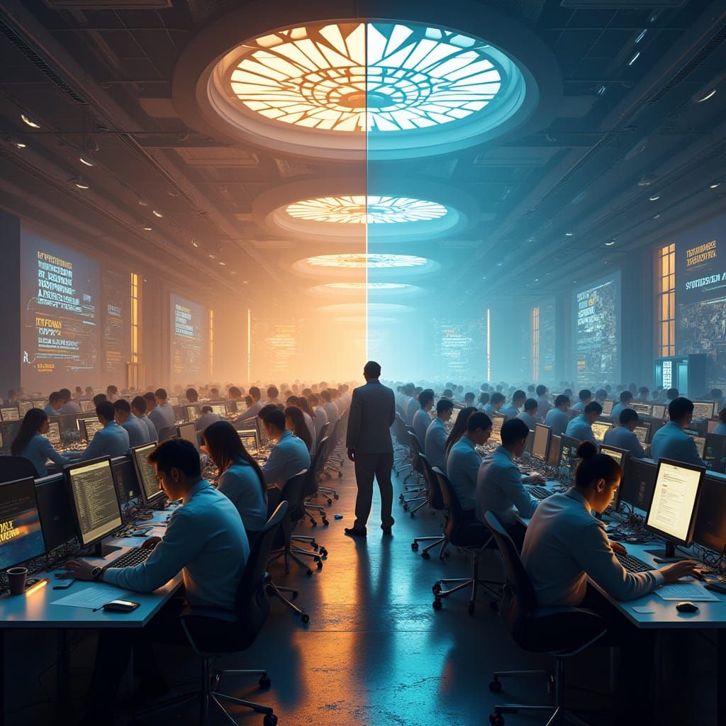 Futuristic Office with Holograms in Cyberpunk Style