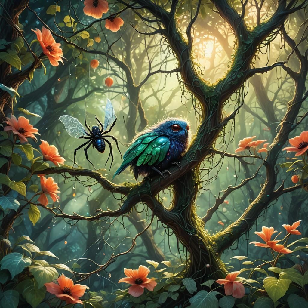 Fantasy Creature in Lush Green Treetops