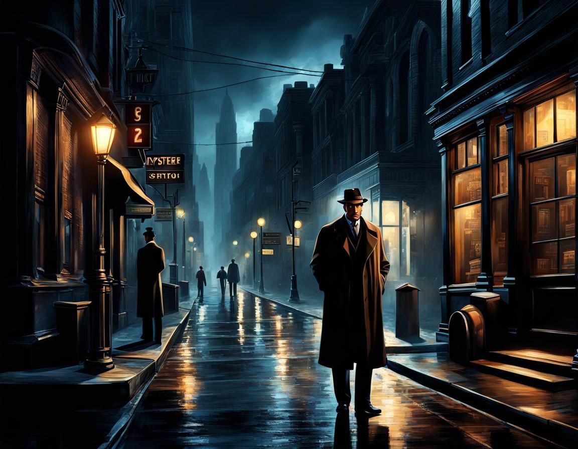 depicting detective in noir-style city streets