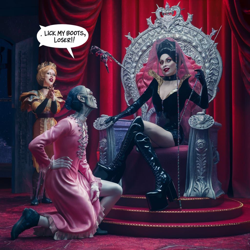 Thanatos Kneels Before Villainess in Red Moon Theatre