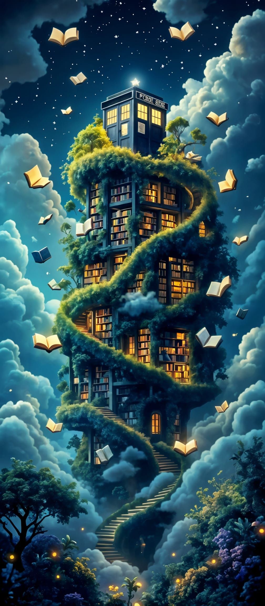 TARDIS Library Floating in a Dreamlike Realm