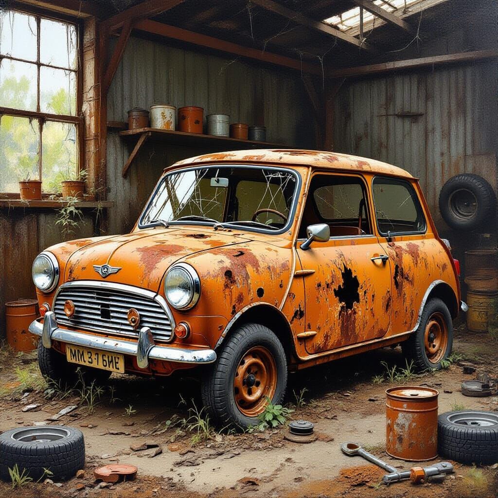 Abandoned Rusty Mini-Minor in Dilapidated Workshop