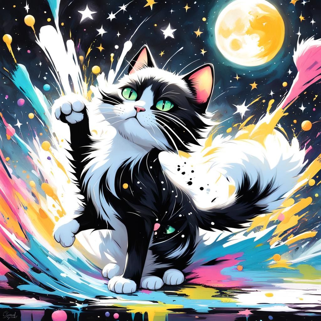 Cat in Space: Graffiti Art with Shooting Stars