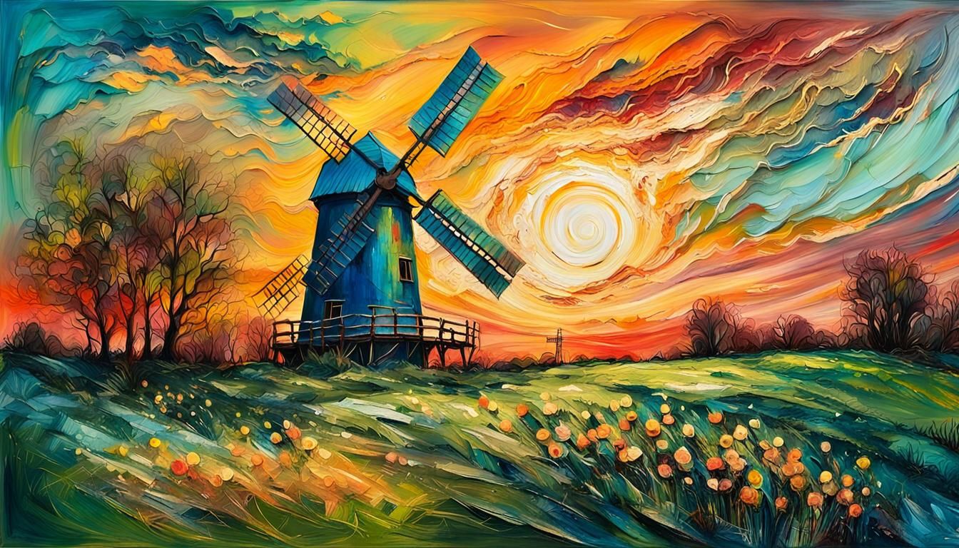 Vibrant Windmill in Abstract Expressionist Landscape