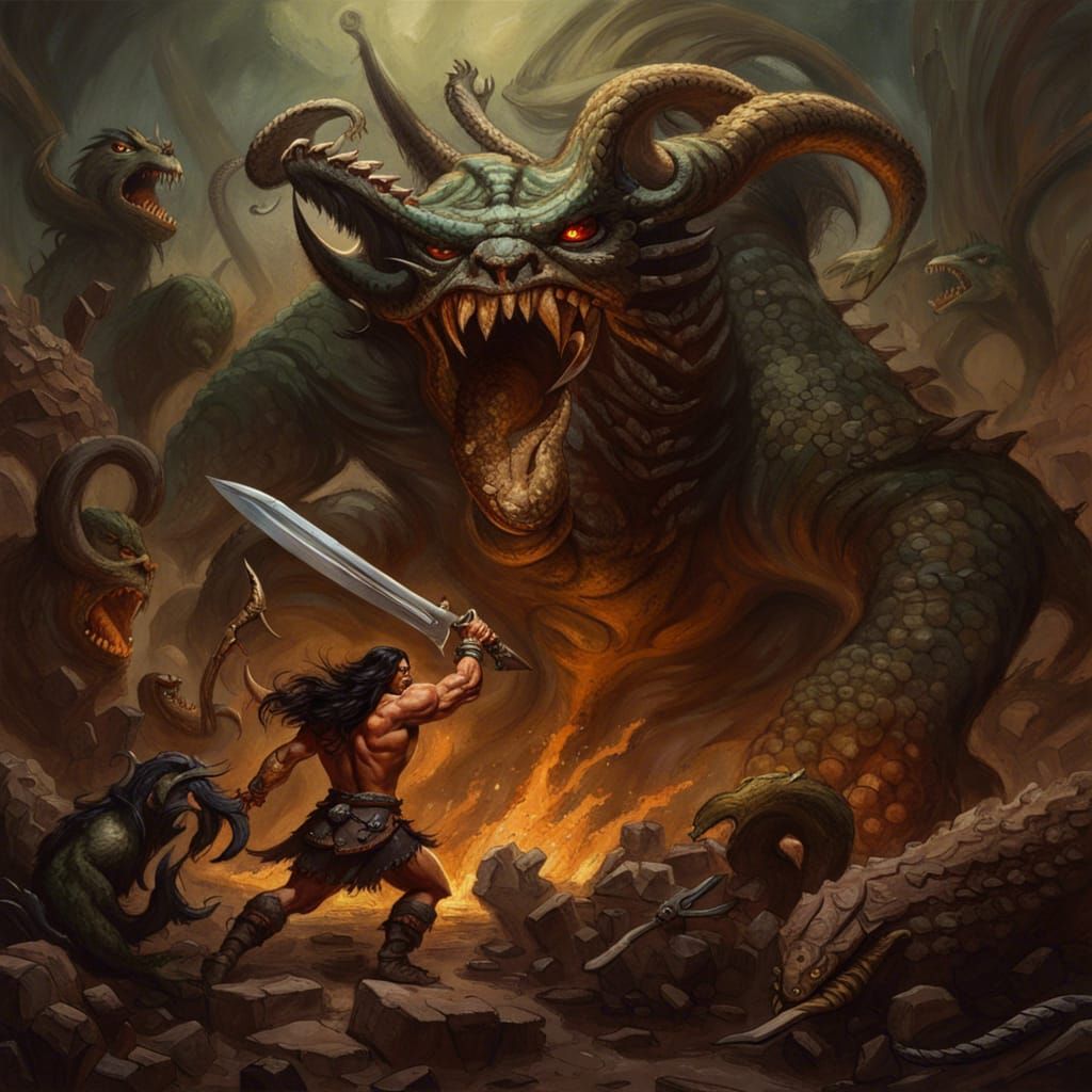 Conan vs Basilisk in Frazetta-Style Oil Painting