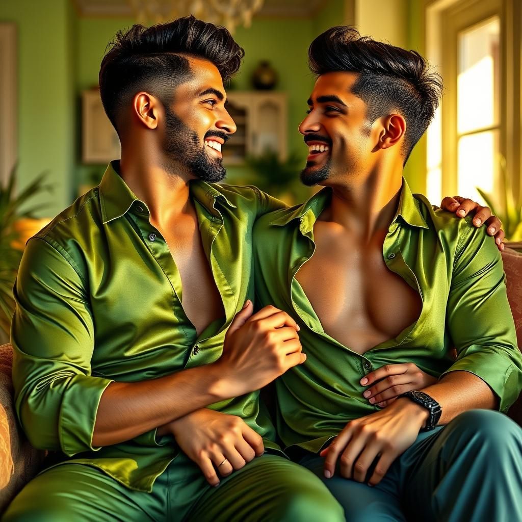 Handsome Indian Men in Green Shirts, Hyper-Realistic Art
