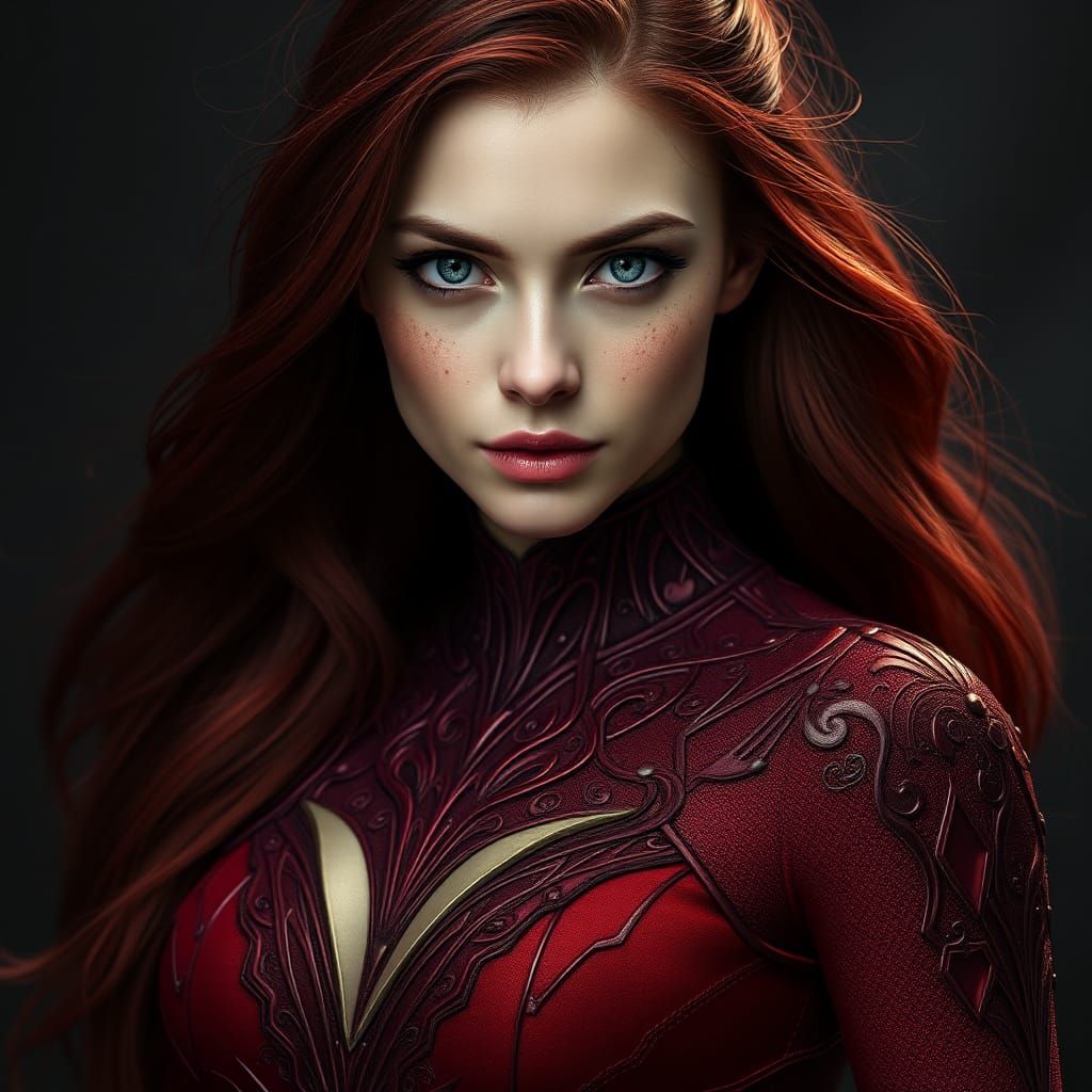 Mystical Woman in Crimson Suit, Dark Fantasy Concept