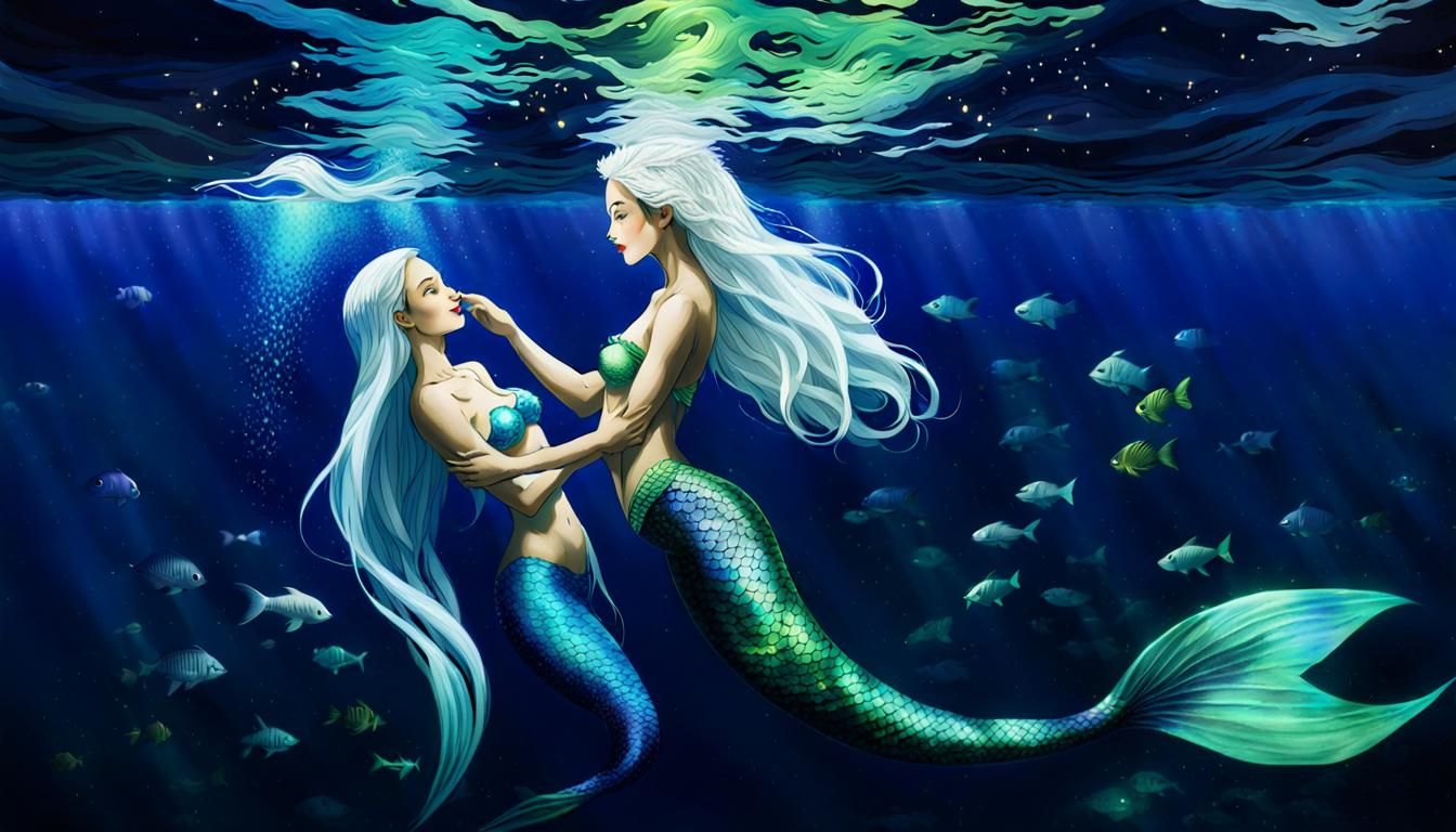 Mermaid and Human Swim in Dark Blue Sea