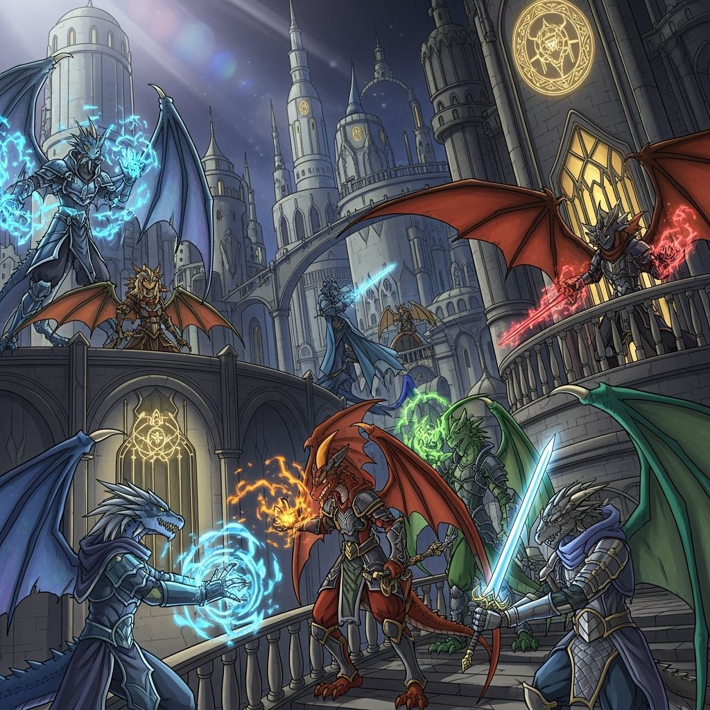 Dragonfolk Sorcerers in Opulent City, Cel-Shaded Manga Style