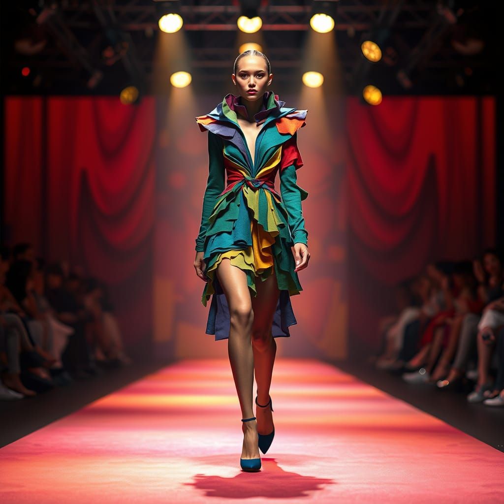 Felt Fashion Model on Runway in Digital Illustration