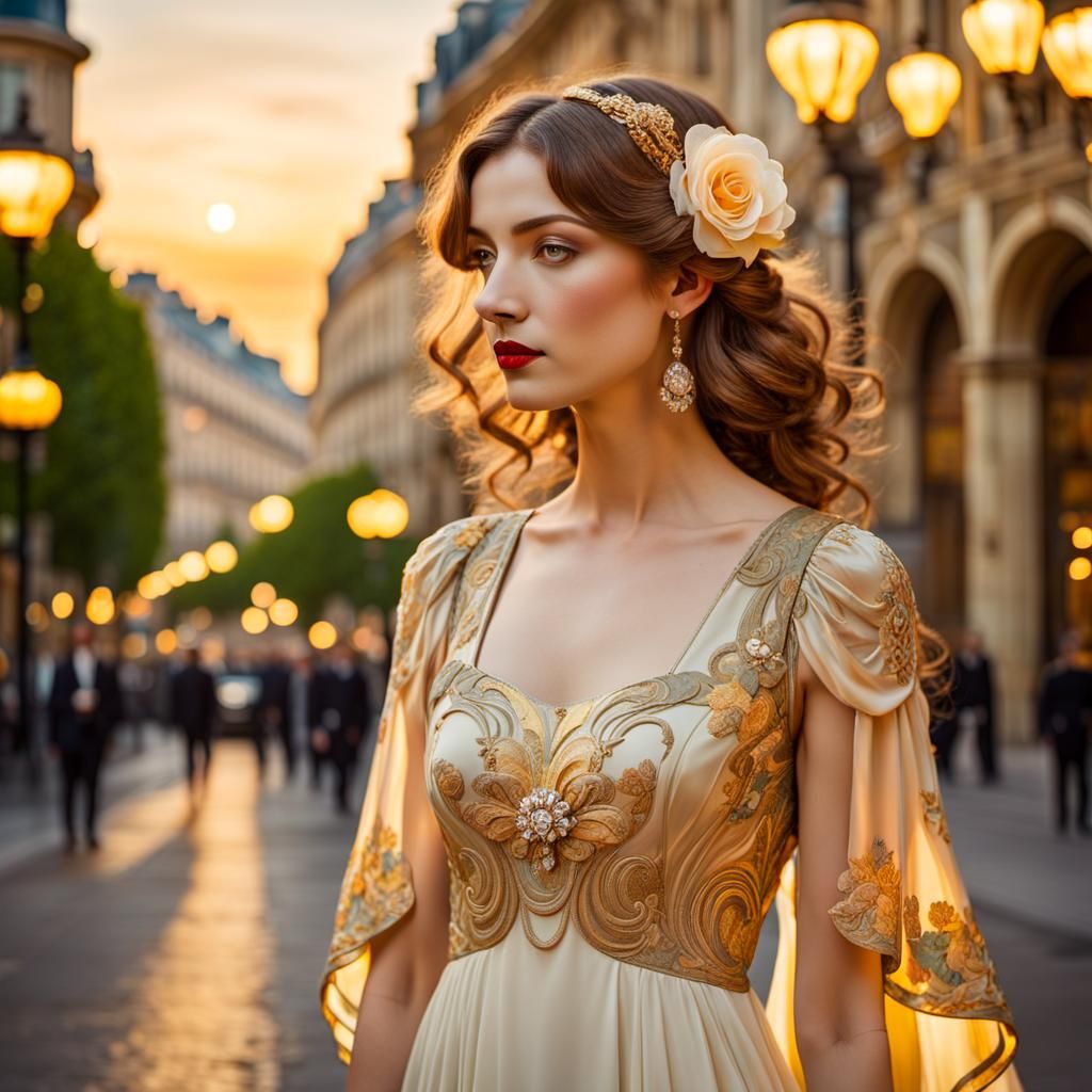 Elegant Woman in Art Nouveau Urban Oasis