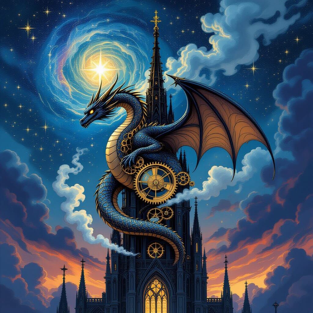 Clockwork Dragon Coiled Around Gothic Spire