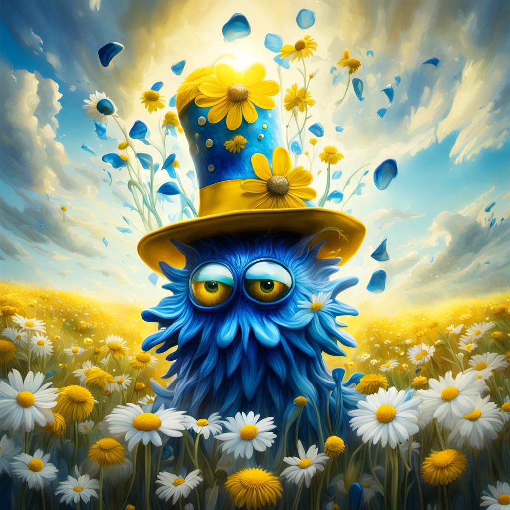 Blue Glass Monster in a Daisy Field