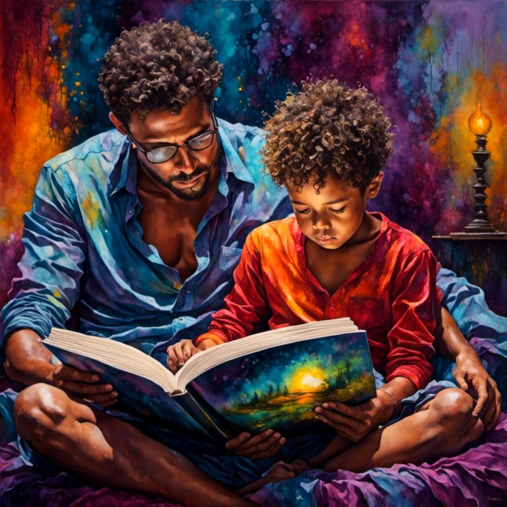Father reading bedtime story to his son