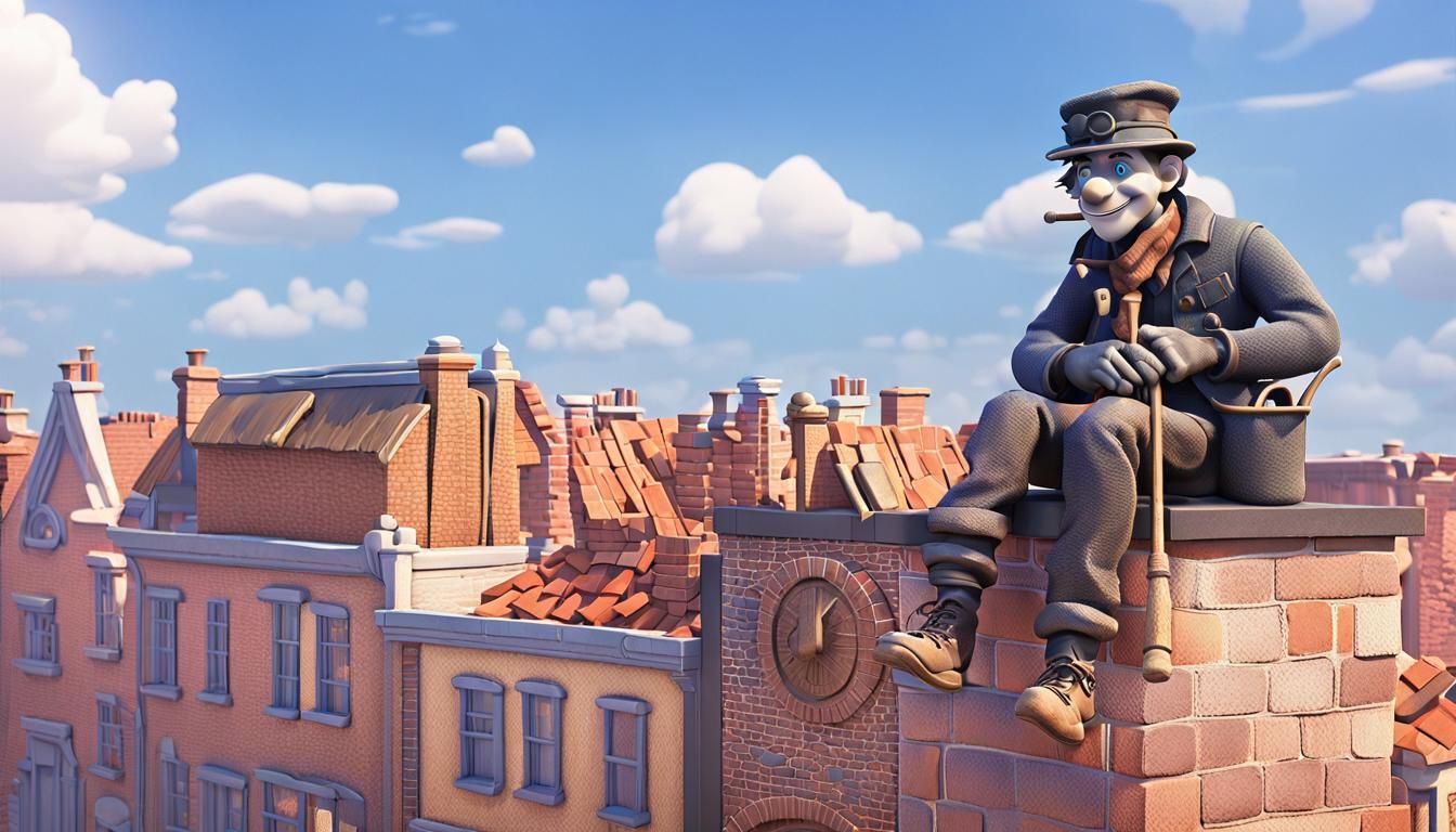 Chimney Sweep Sculpture on Chimney in Pixar Style