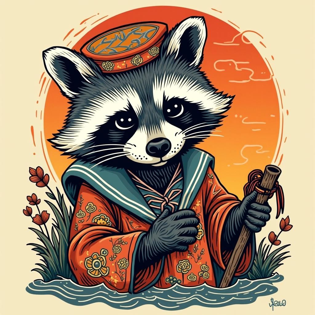 traditional colorful sailor's Tattoo. raccoon. woodcut, lino...