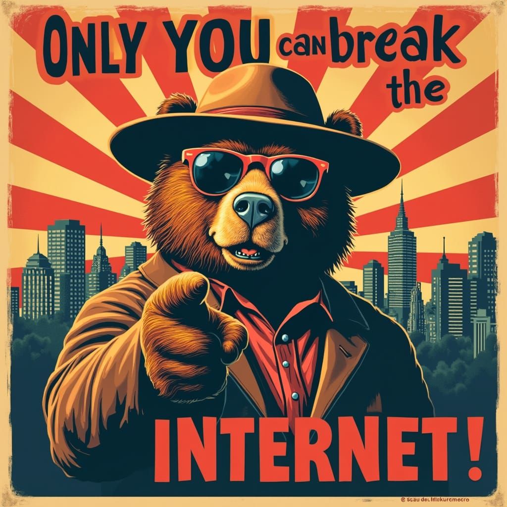 Confident Bear Challenges Internet: A Retro-Futuristic Poste...