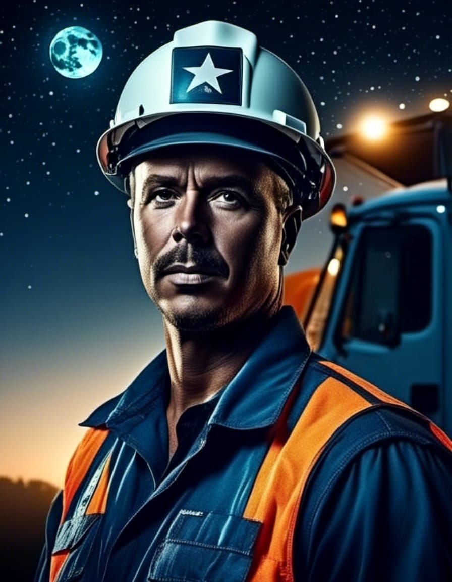 Moonlit Portrait of Garbage Man with Truck