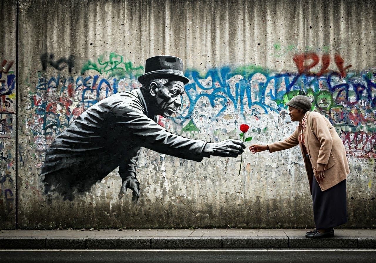 Banksy Graffiti Man Offers Rose
