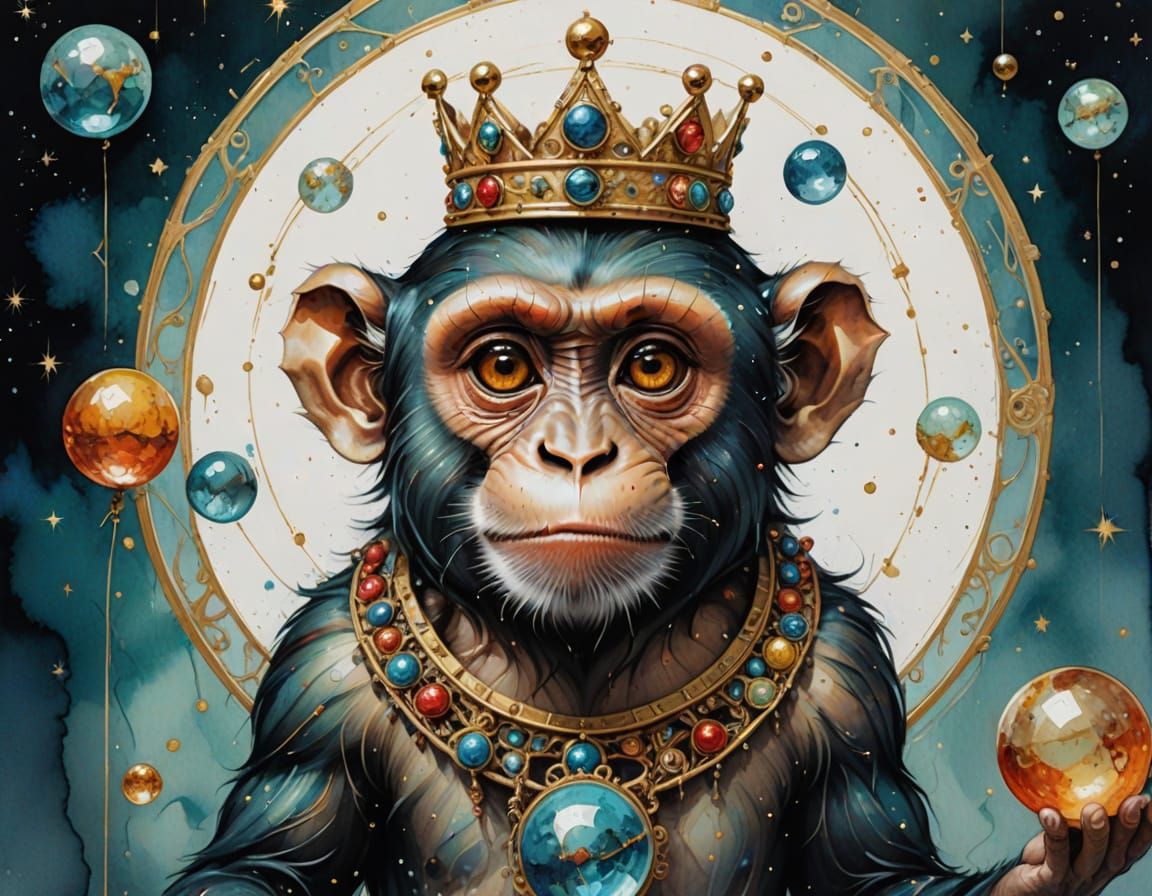 Surreal Circus Monkey with Sparkling Eyes in Dreamy Watercol...
