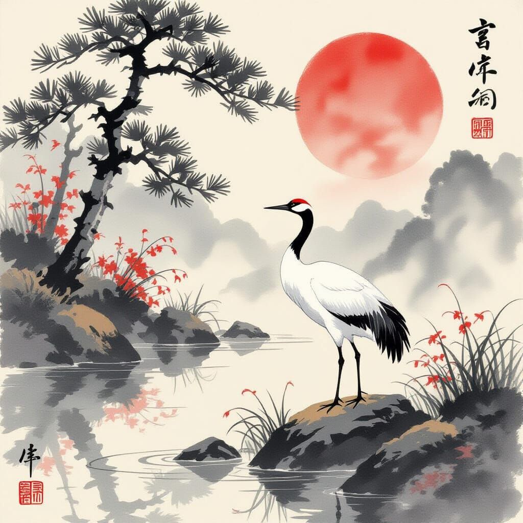 Japanese Beauty Haiku: Cranes in Ukiyo-e Style