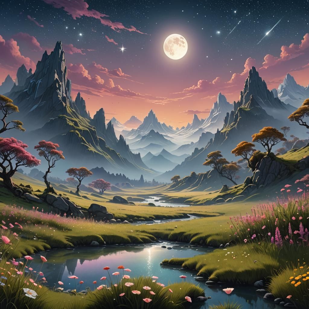 Glowing Meadow Under Moonlight: Fantasy Digital Painting