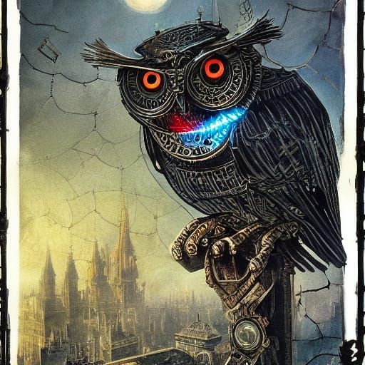 Clockwork Owl on Gothic Cathedral in Steampunk Fog