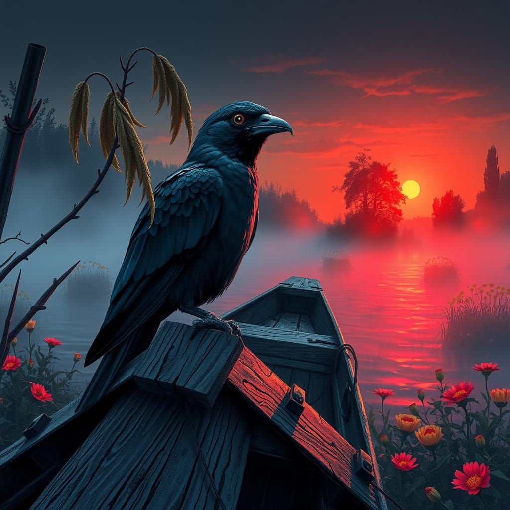 Jackdaw on Swamp Boat at Sunset, Detailed Color Print