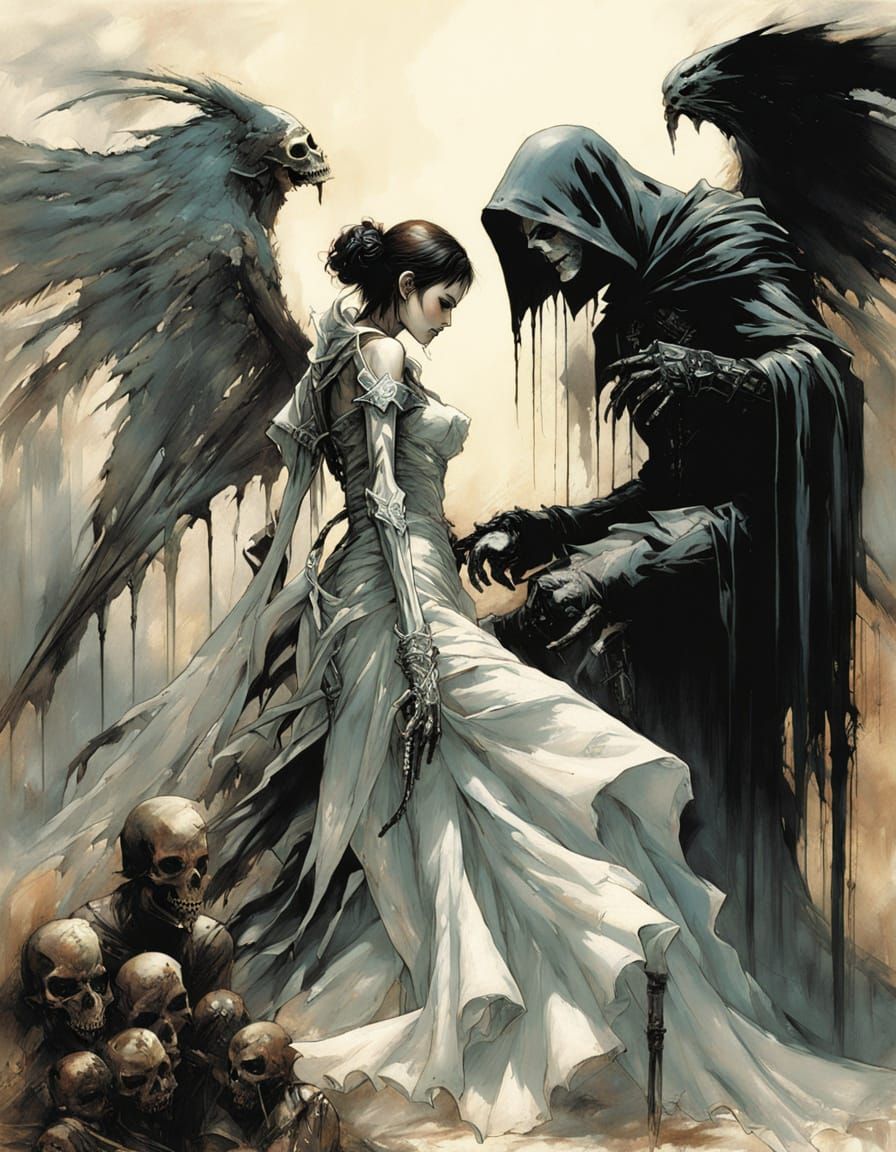 Gothic Wedding of Mortal Fates in Airbrush Style