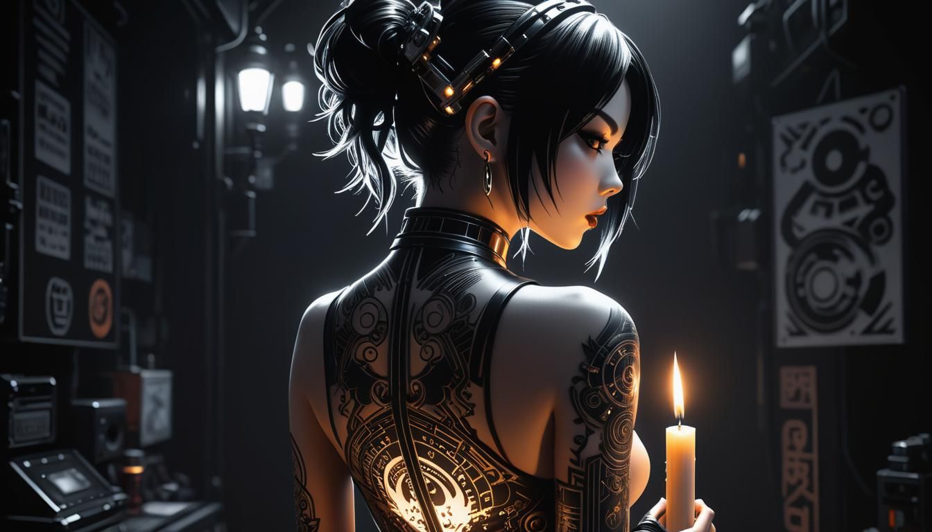 Anime Cyberpunk Woman Portrait with Glowing Tattoo