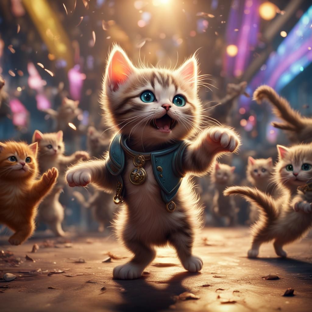 Dancing Kitten Surrounded by Paparazzi: Detailed Digital Art