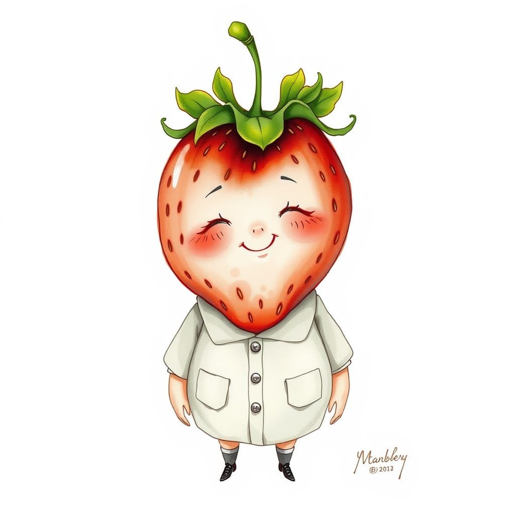 Whimsical Strawberry Schoolgirl in Watercolor Style