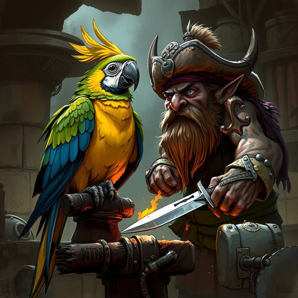 Dwarven Pirate Blacksmith with Parrot in Gritty Fantasy Art